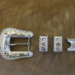 3/4″ Sterling Ranger Buckle Set with rope edge, 10K Overlay, Rubies