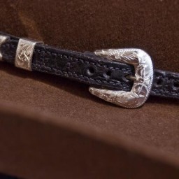 3/8″ X 5/8″ Black Gator Calf leather hatband with 3 Piece Sterling Silver Buckle Set