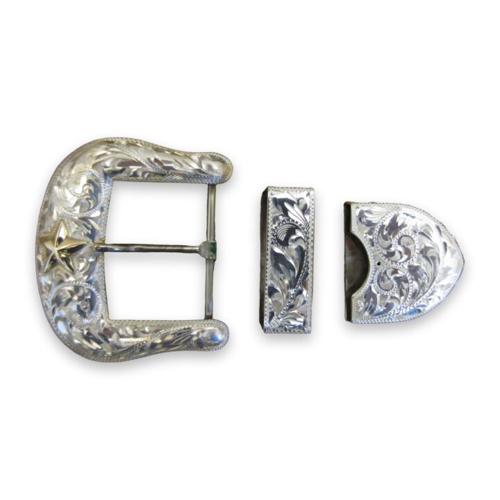1-1/2″ Sterling Ranger Buckle Set with 10K Texas Star, on a white background