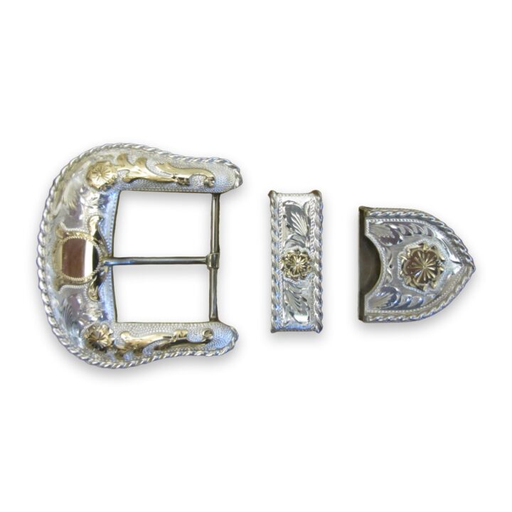 1-1/2″ Sterling Ranger Buckle Set with Rope Edge and 10K Gold Overlay, on a white background