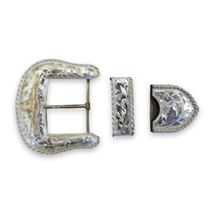1-1/2″ Sterling Ranger Buckles Set with rope edge and 10K Gold Steerhead, on a white background