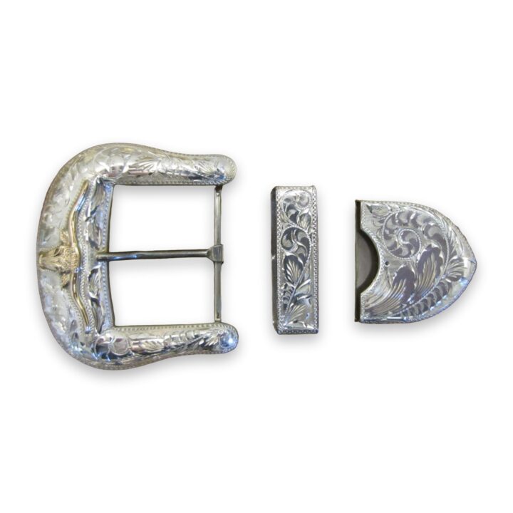 1-1/2″ Sterling Silver Buckle Set with 10k Gold Steerhead, on a white background