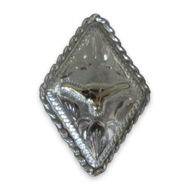 1-1/2″ Sterling Silver Diamond Bola, 10k Gold Steerhead with Rope Edge, on a white background