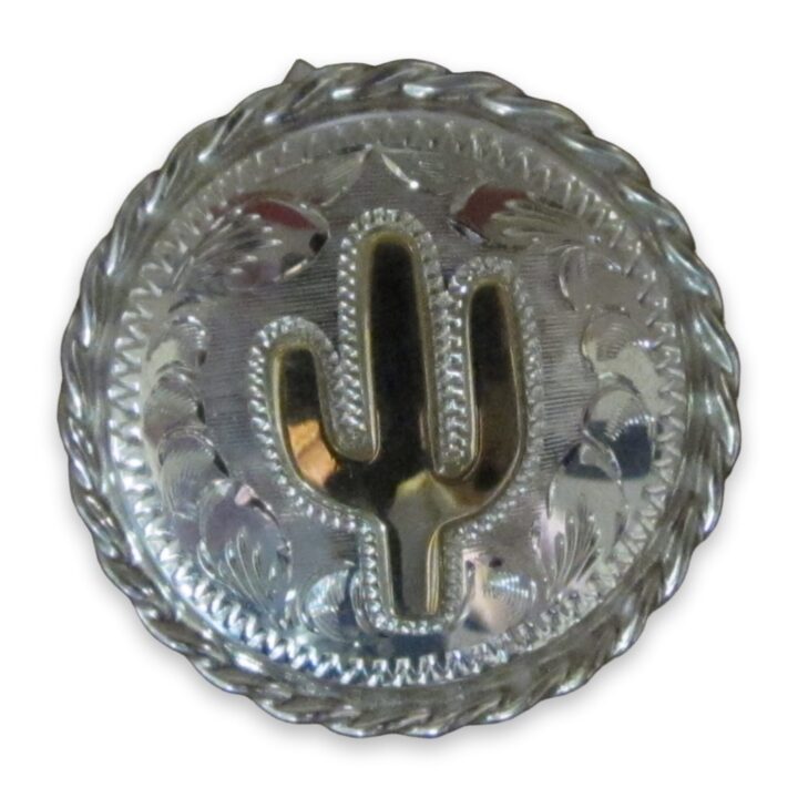 1 1/2″ Sterling Silver Round Bola with 10K Gold Cactus & Rope Edge, on a white background