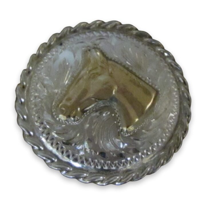 1 1/2″ Sterling Silver Round Bola with 10K Gold Horsehead & Rope Edge, on a white background