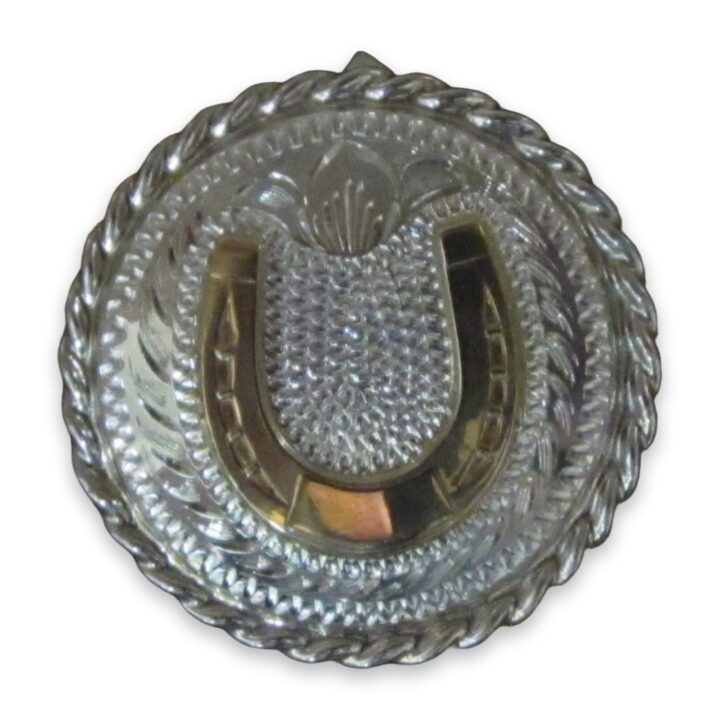 1 1/2″ Sterling Silver Round Bola with 10K Gold Horseshoe & Rope Edge, on a white background