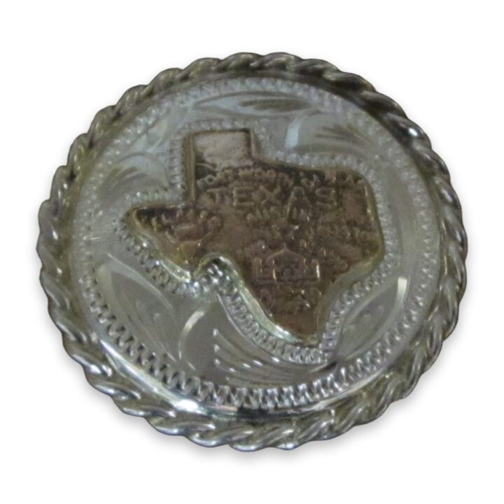 1 1/2″ Sterling Silver Round Bola with 10K Gold State of Texas & Rope Edge, on a white background