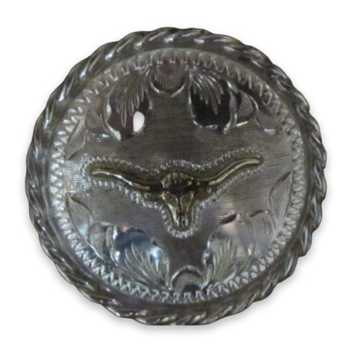 1 1/2″ Sterling Silver Round Bola with 10K Gold Steerhead & Rope Edge, on a white background