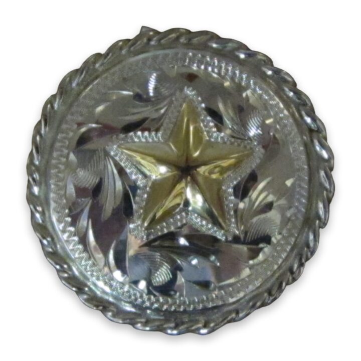 1 1/2″ Sterling Silver Round Bola with 10K Gold Texas Star & Rope Edge, on a white background