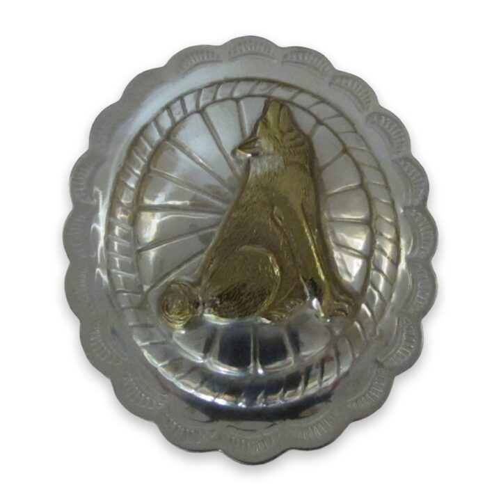 1-1/2″ Sterling Silver Scalloped Bola, Bronze Wolf- Southwest design, on a white background