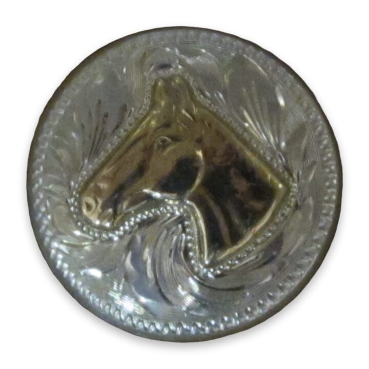 1-1/4″ Sterling Silver Hand Engraved Round Bola with 10K Gold Horsehead, on a white background