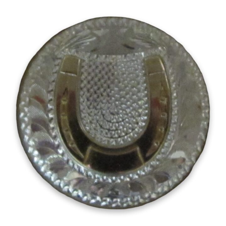 1-1/4″ Sterling Silver Hand Engraved Round Bola with 10K Gold Horseshoe, on a white background