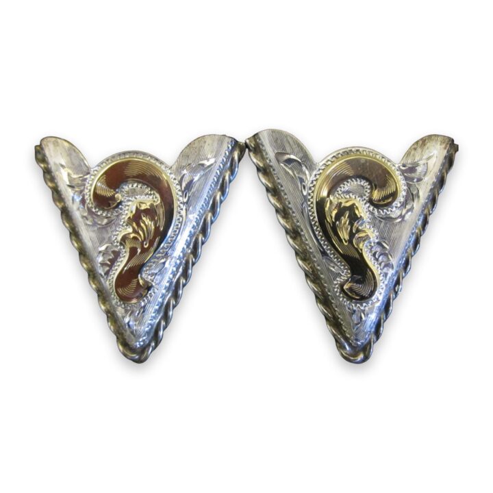 1-3/8 inch hand engraved sterling silver collar tips with 10K gold scroll and rope edge, on a white background