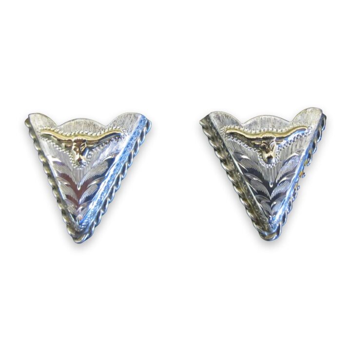 1-inch sterling silver hand engraved collar tips with 10K gold steerhead and rope edge, on a white background