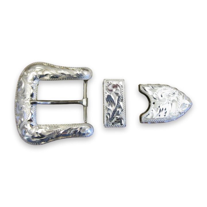 1 inch hand engraved sterling silver ranger buckle set, on a white background