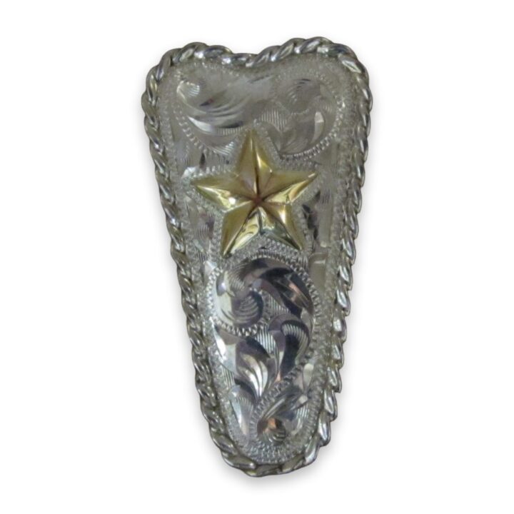 1″X2″ Sterling Silver Hand Engraved Tapered Plate Bola, Rope Edge with 10K Gold Texas Star, on a white background