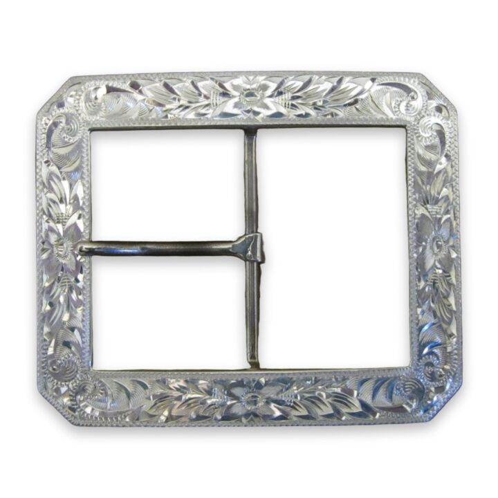 2-1/4 by 3 inch hand engraved sterling silver gun belt buckle, on a white background