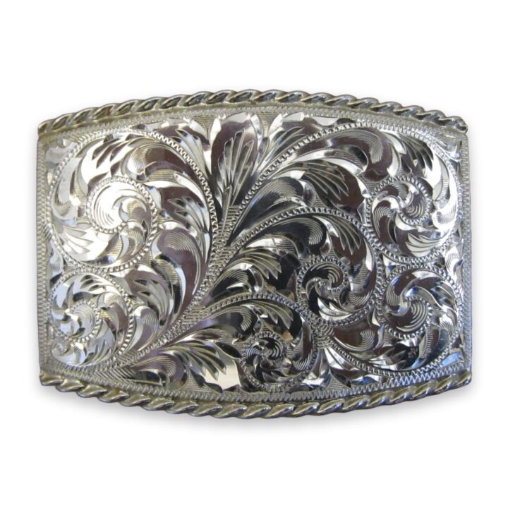 2 by 3 inch hand engraved sterling silver rectangle buckle with rope edge, on a white background