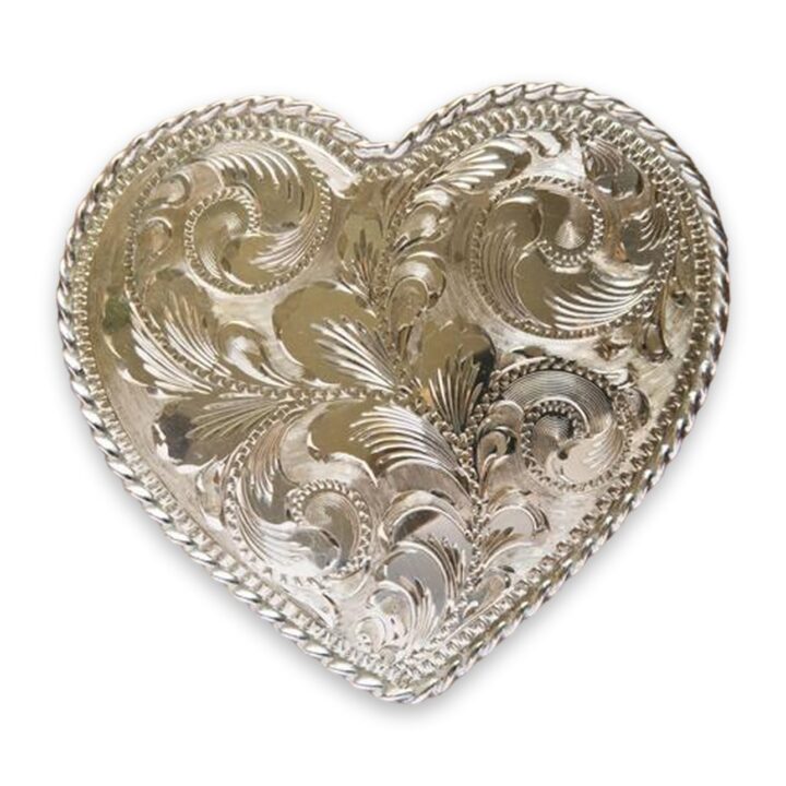 3 inch hand engraved sterling silver heart buckle with rope edge, on a white background