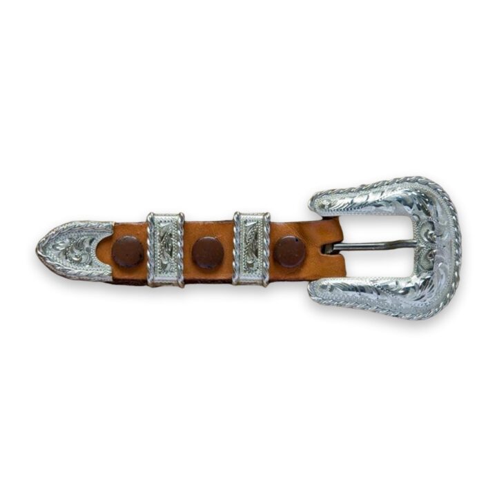 3/4 inch hand engraved sterling silver ranger buckle set with rope edge, on a white background
