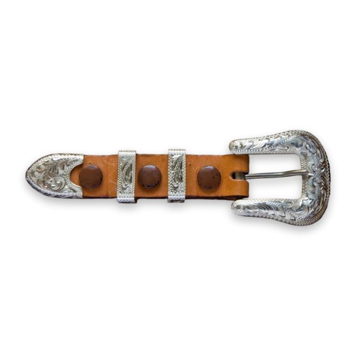 3/4 inch hand engraved sterling silver ranger buckle set, no rope edge, on a white background