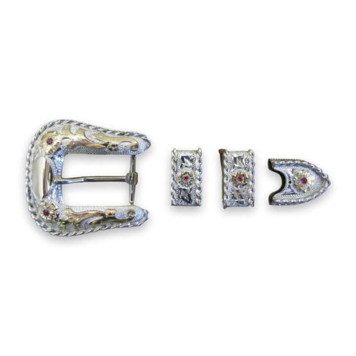 3/4″ Sterling Ranger Buckle Set with rope edge, 10K Overlay, Rubies, on a white background