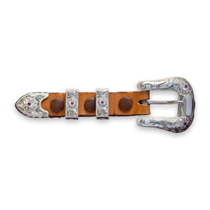 3/4″ Sterling Ranger Buckle Set with Sterling Overlay and Lab Grown Rubies, on a white background