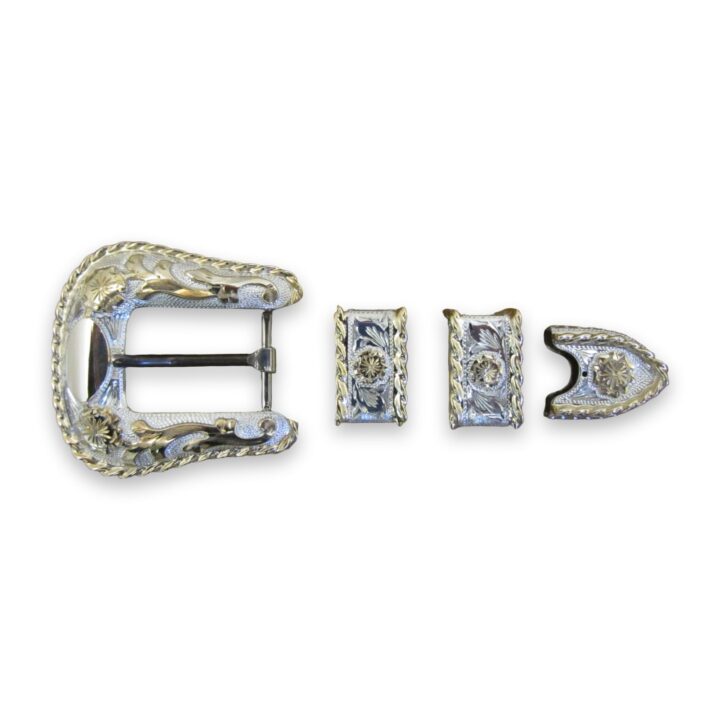 3/4″ Sterling Silver Buckle Set with 10k Gold Rope & Overlay, on a white background