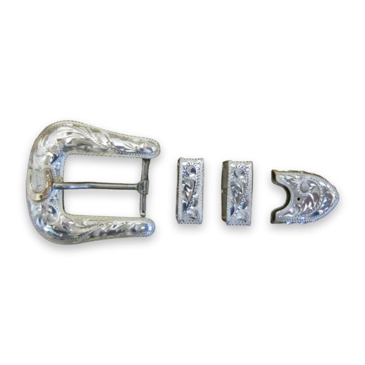 3/4″ Sterling Silver Buckle Set with 10k Horseshoe, on a white background