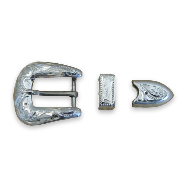 3/8 inch hand engraved sterling silver buckle set, on a white background