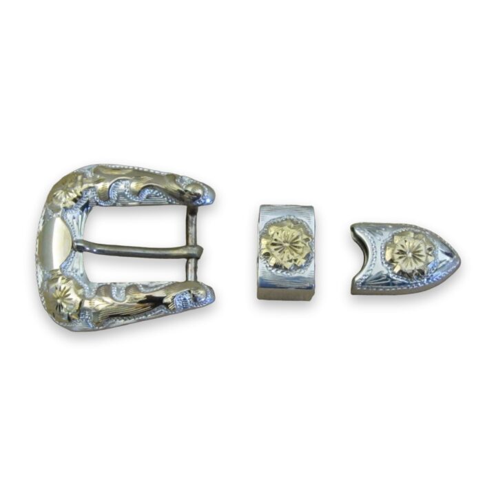 3/8 inch hand engraved sterling silver buckle set with 10K gold overlay, on a white background