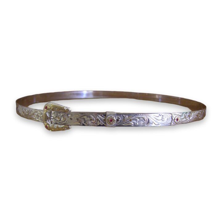 Sterling silver hatband with 10K gold floral overlays and lab grown rubies, on a white background