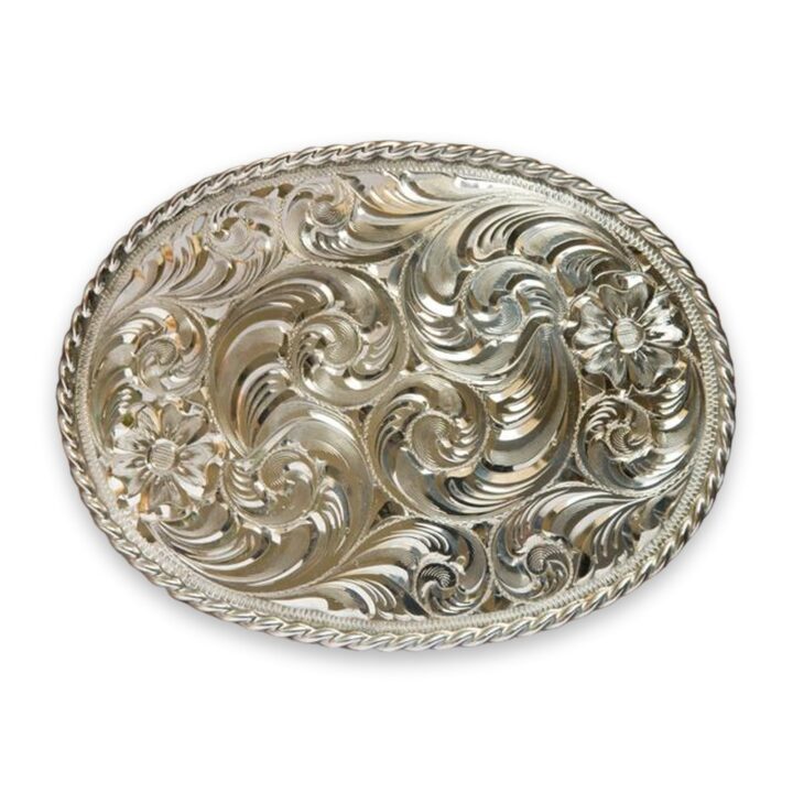 3 by 4 inch hand engraved sterling silver trophy buckle with rope edge, on a white background