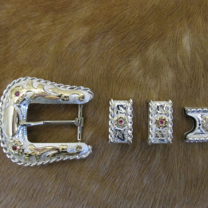 3/4" Sterling Ranger Buckle Set with rope edge, 10K Overlay, Rubies