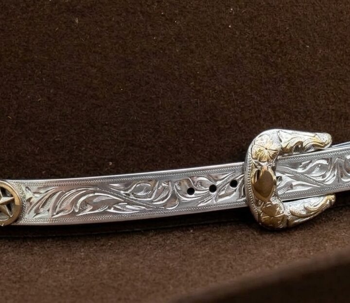 3/8 inch handcrafted sterling silver Texas Star hatband with 10K gold florals and six 10K gold Texas Stars