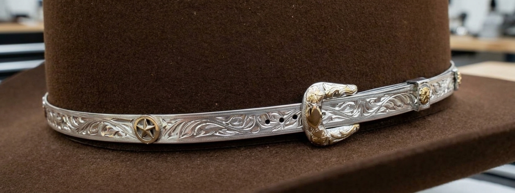 3/8 inch handcrafted sterling silver Texas Star hatband with 10K gold florals and six 10K gold Texas Stars