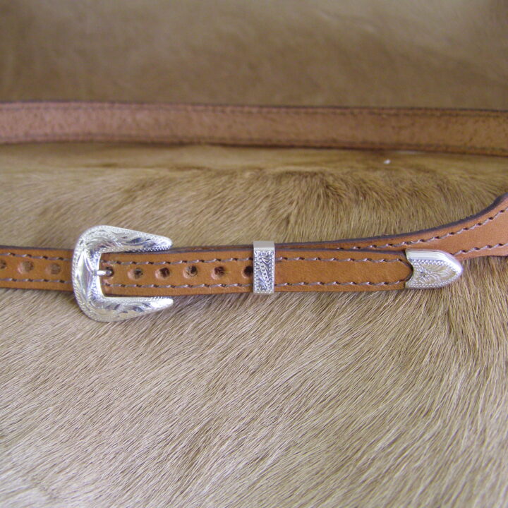3/8" X 5/8" Light Brown Leather adjustable Hatband with Sterling Silver 3 piece Buckle set