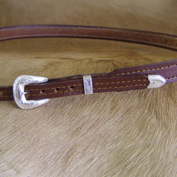 3/8" X 5/8" Brown Leather adjustable Hatband with Sterling Silver 3 piece Buckle set