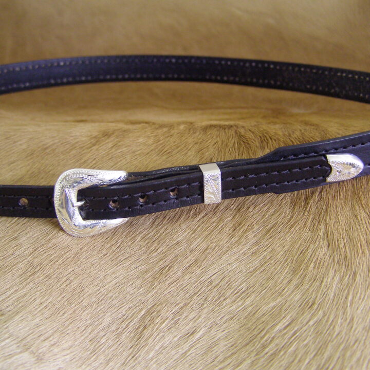 3/8" X 5/8" Black Leather adjustable Hatband with Sterling Silver 3 piece Buckle set