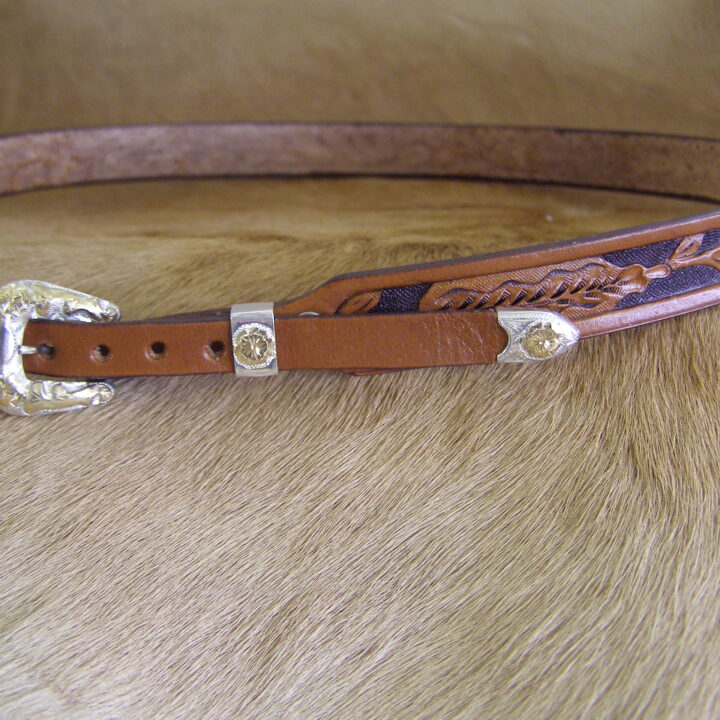 3/8" Hand Tooled Leathher Hatband with Sterling Silver & 10K Gold 3-Piece Buckle Set