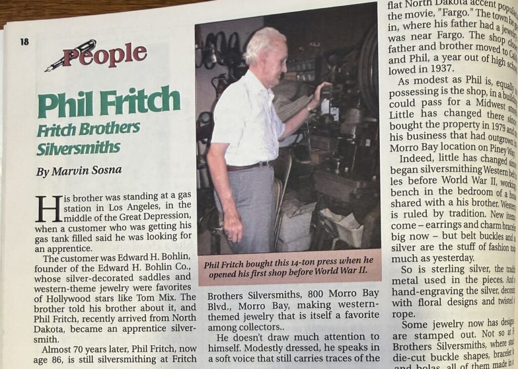 Page 18 of the November 2004 SLO County Journal profile of Phil Fritch, with a photograph of him beside his 14-ton press