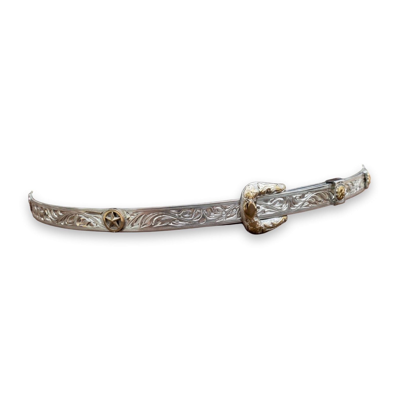 Texas Star Hatband- 3/8″ Handcrafted Sterling Silver with 10k Gold Florals and 6- 10K Gold Texas Stars, on a white background