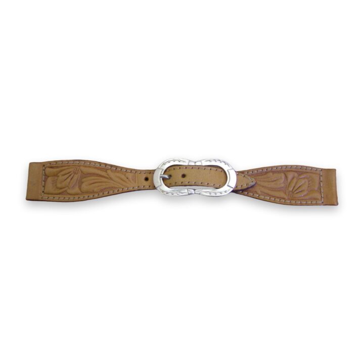Tooled calf leather watch strap with sterling silver double horseshoe buckle, on a white background
